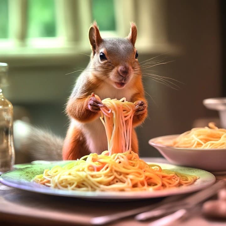 AI generated: a charming squirrel is indulging in a spaghetti dinner with all the flair and enthusiasm of a gourme...