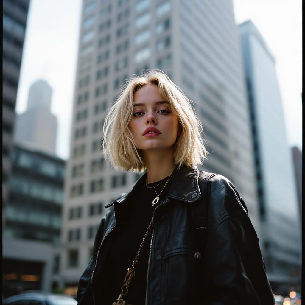 AI generated: Street style photo of a grunge style woman in the streets of 1990 Manhattan standing in front of a s...