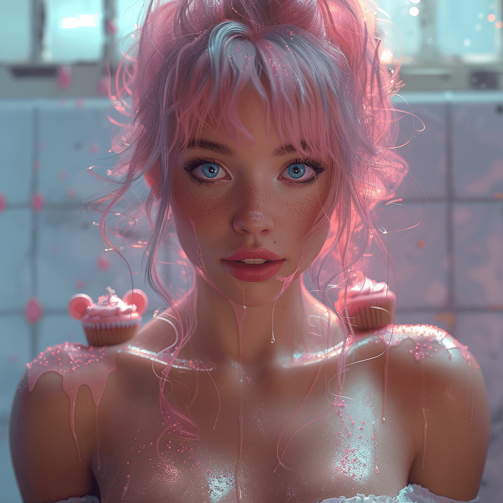 AI generated: pink hair, pink cupcake
