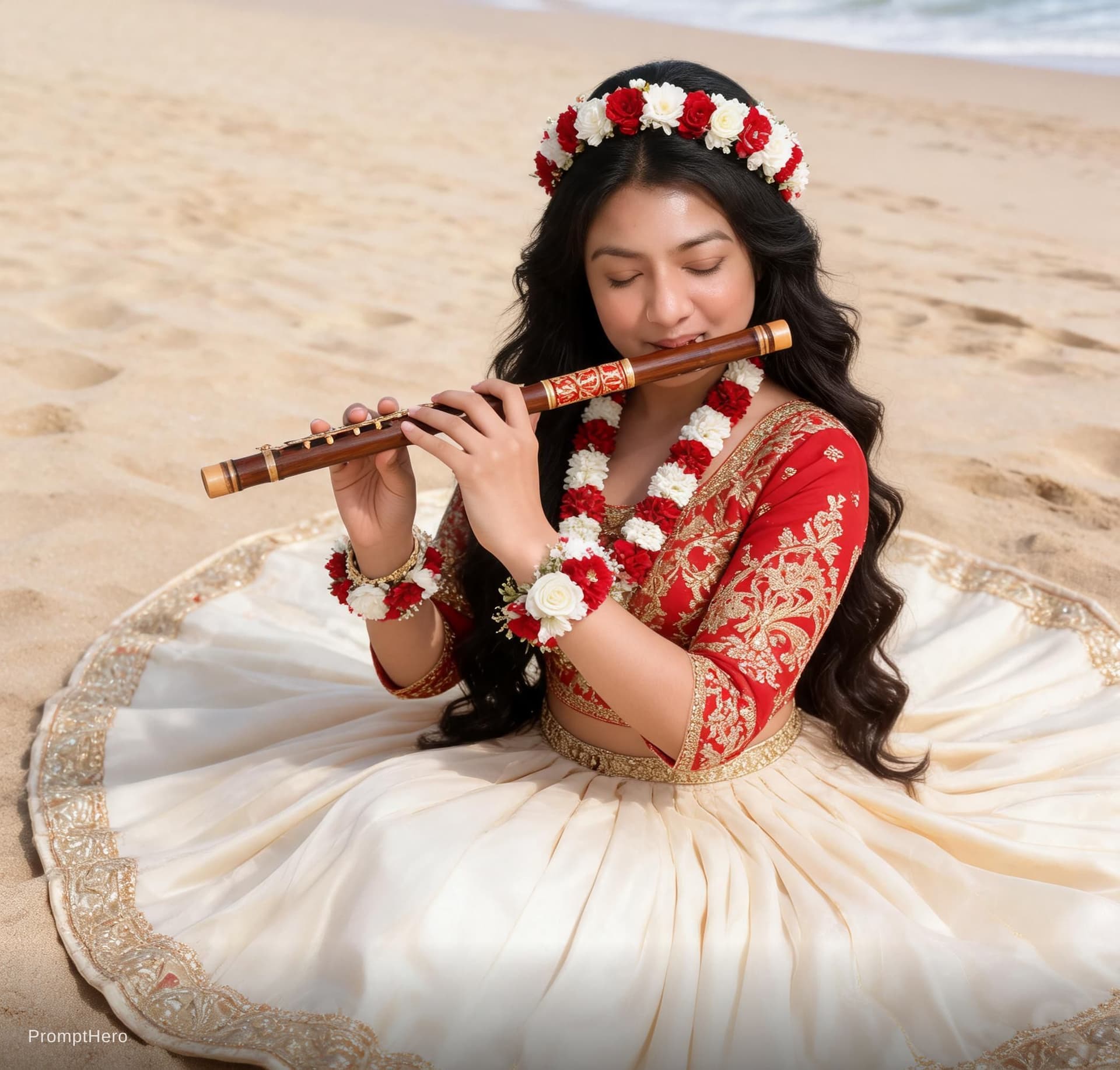 AI generated: She is playing a traditional wooden flute decorated with red and gold patterns, her eyes closed in a...