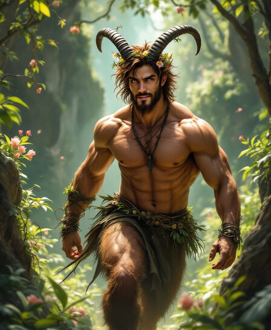 AI generated: Visualize a satyr roaming through an enchanted hidden valley, surrounded by lush jungle and magical ...