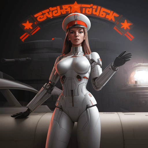 AI generated: female cyborg android saluting, ussr, red star on the shoulder, garrison cap, cinematic lighting, hy...