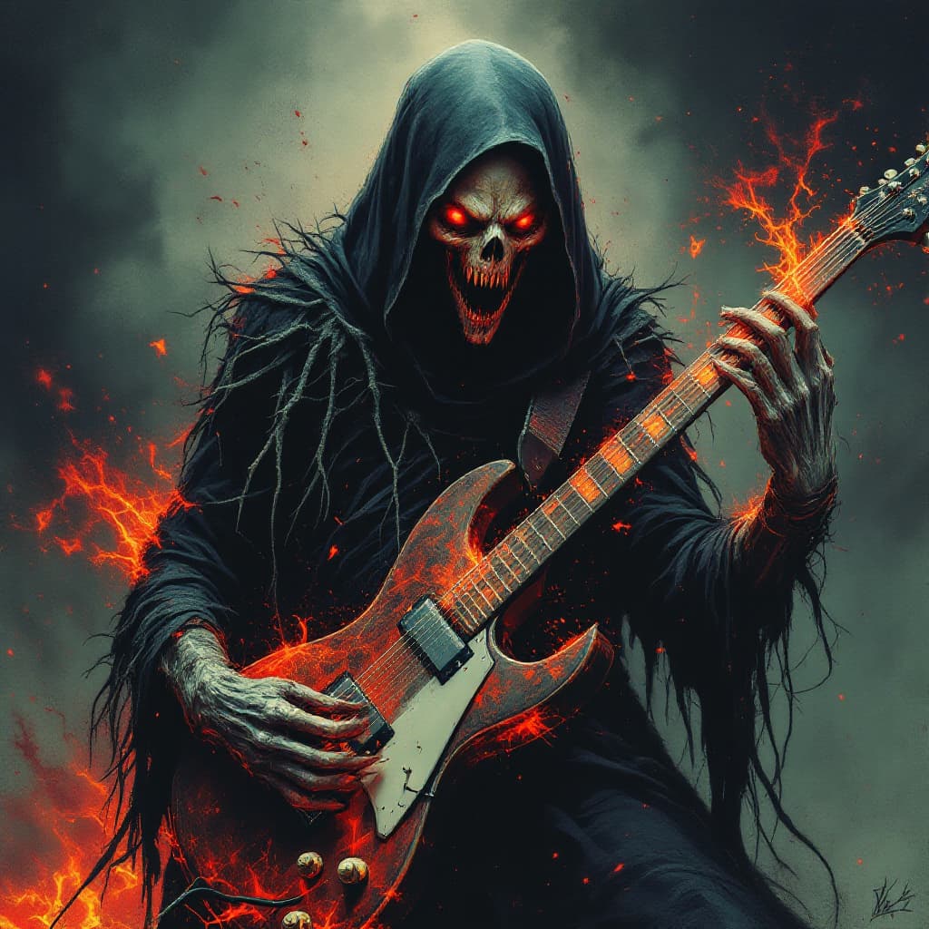 AI generated: Album coverart, scary horrific demonic character , he looks like the Grimm Reaper, playin electric g...