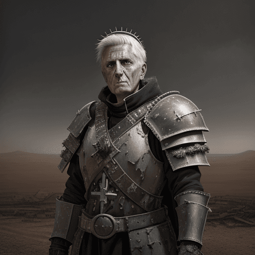 AI generated: A portrait of a post-apocalyptic Pope Benedict XVI with battle scars, armor, and cross, standing in ...