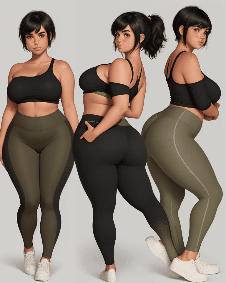 AI generated: a girl that is Extremely curvaceous, full-busted, tan, thick eyebrows, freckles, short black hair wi...