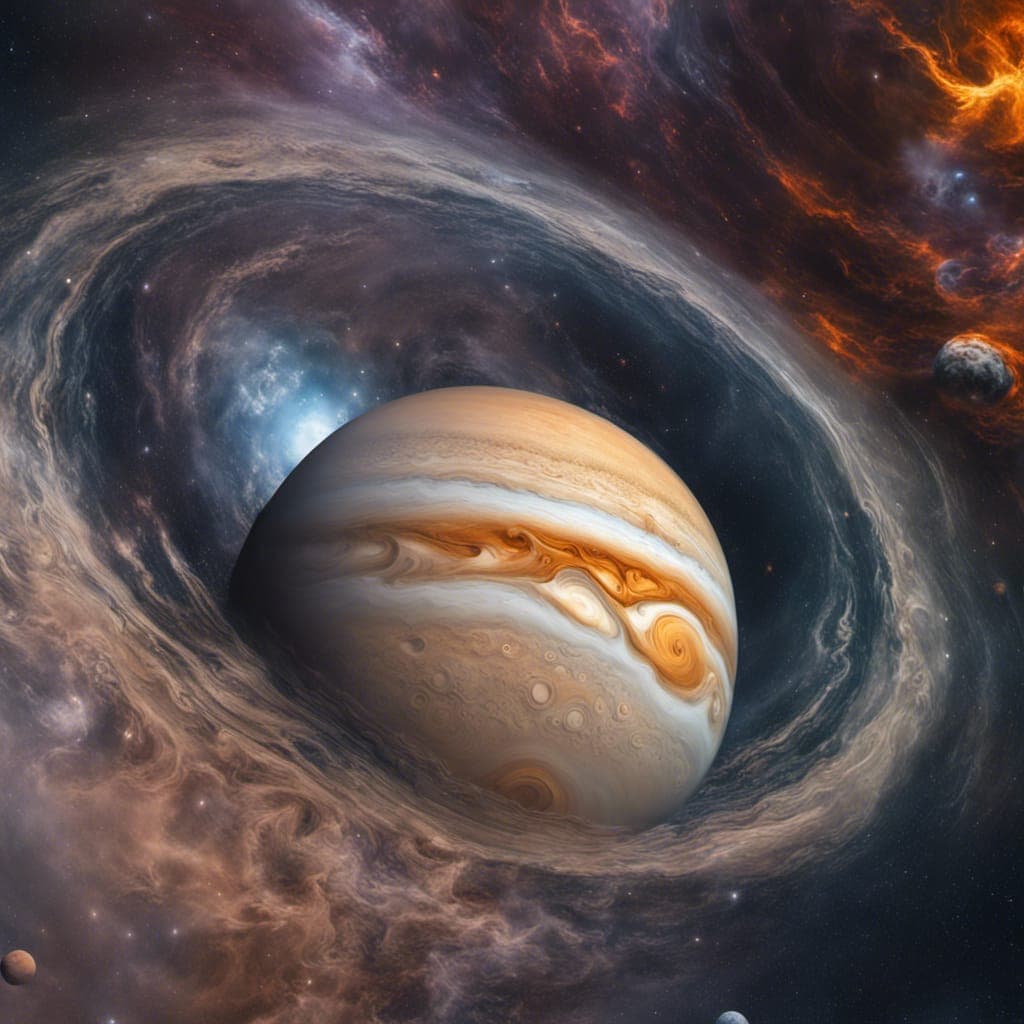 AI generated: A captured photo that captures the vivid colors and swirling storms of Jupiter, the largest planet i...