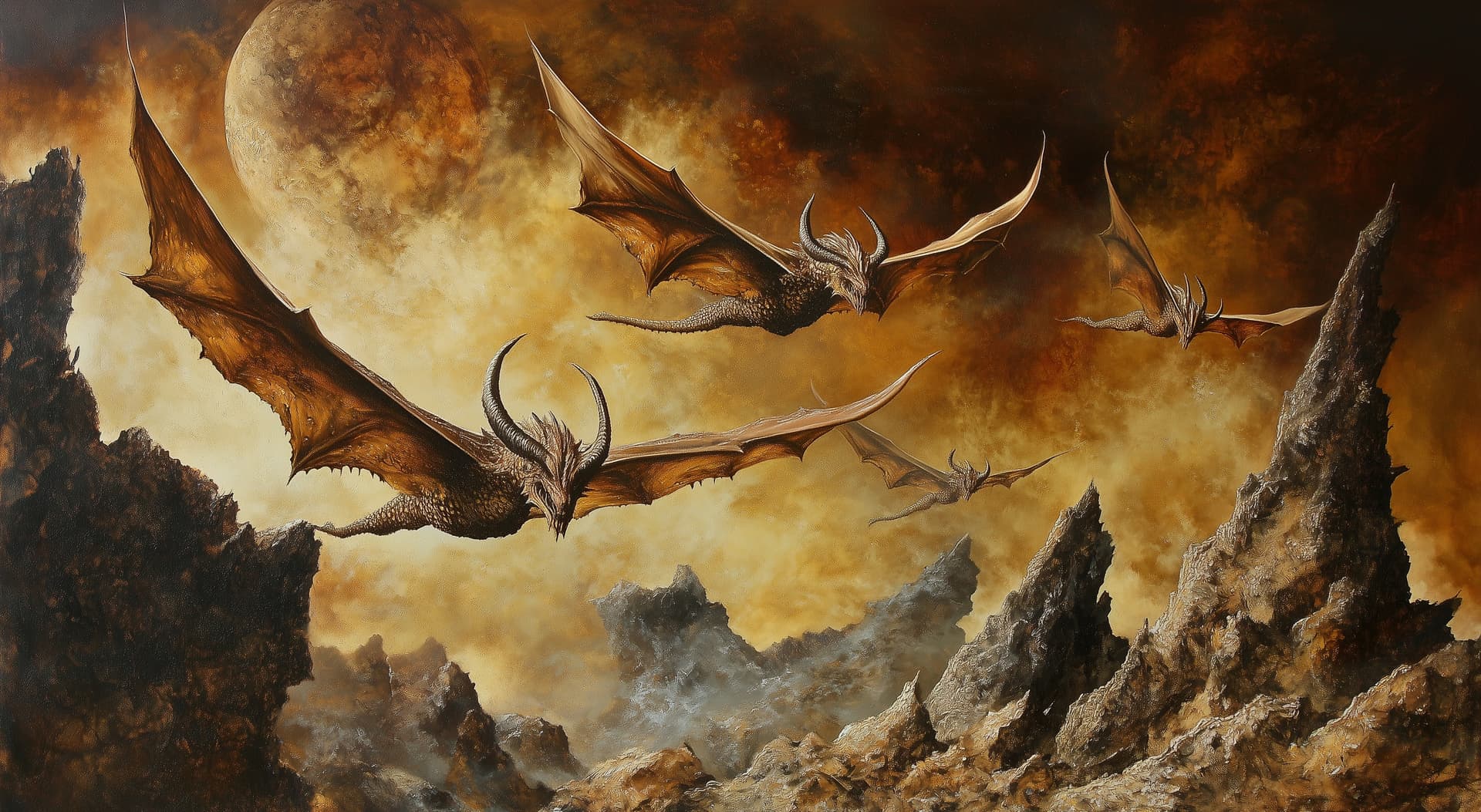 AI generated: A group of brown dragonborn with horns flying over an alien landscape, fantasy painting in the style...