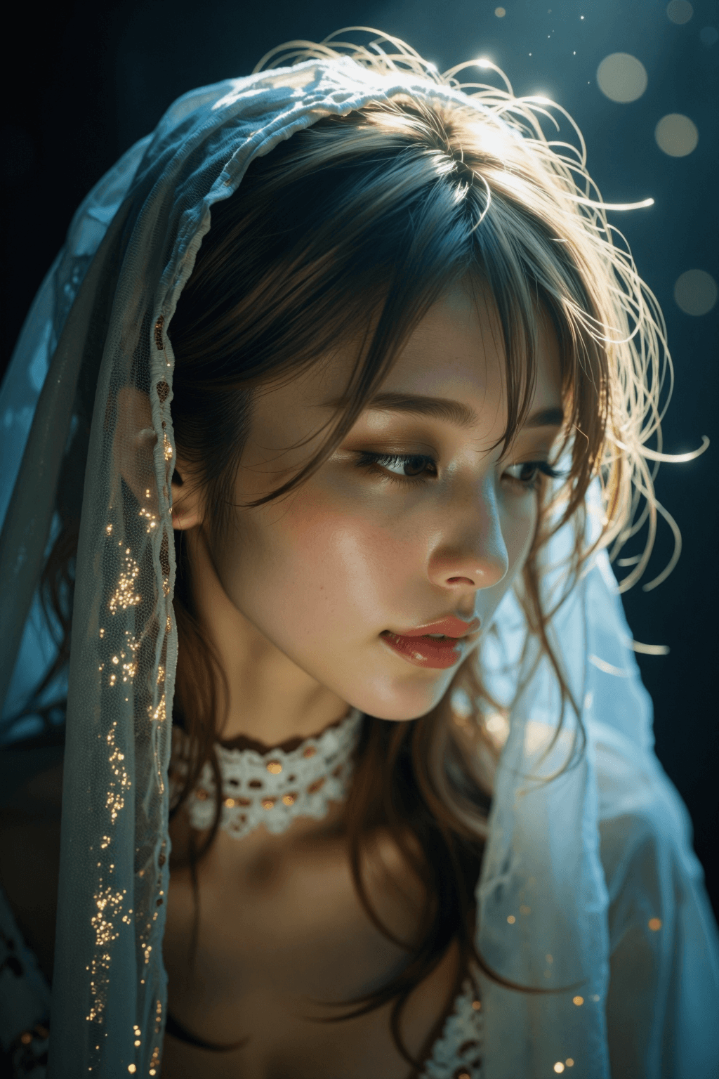 AI generated: A highly detailed, photorealistic, cinematic close-up portrait of an ethereal young japanese woman, ...