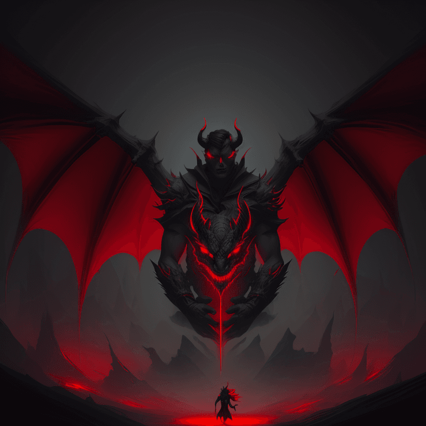 AI generated: illustration of an evil demon with red eyes, in the style of jessica rossier, strong use of negative...