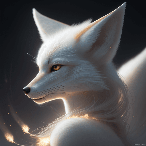 AI generated: Complete and delicate portrait of a white nine - tailed fox, Close shot a close-up，beautiful, agile,...