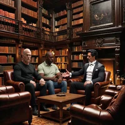 AI generated video: Preserve the grand library chamber in warm stillness.
No camera movement.

At opening:
All seated me...