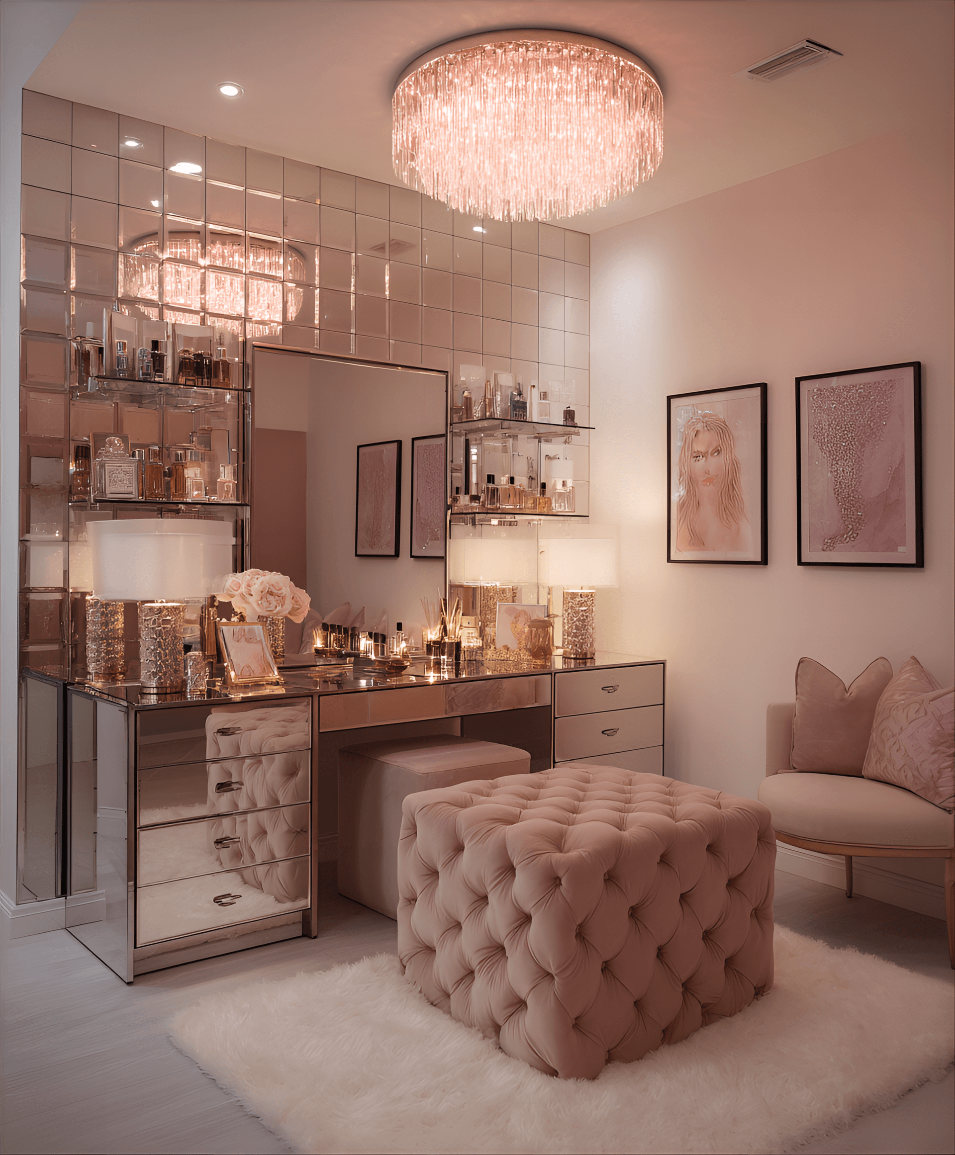 AI generated: photography, a chic dressing room featuring a vanity table, plush seating, and mirrored walls, refle...
