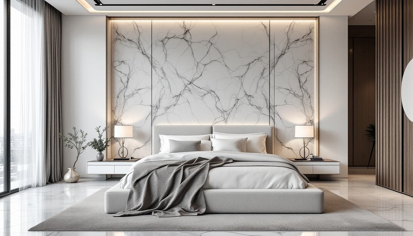 AI generated:  high resolution photo, vertical composition, wide room view minimalist luxurious bedroom, large bed...