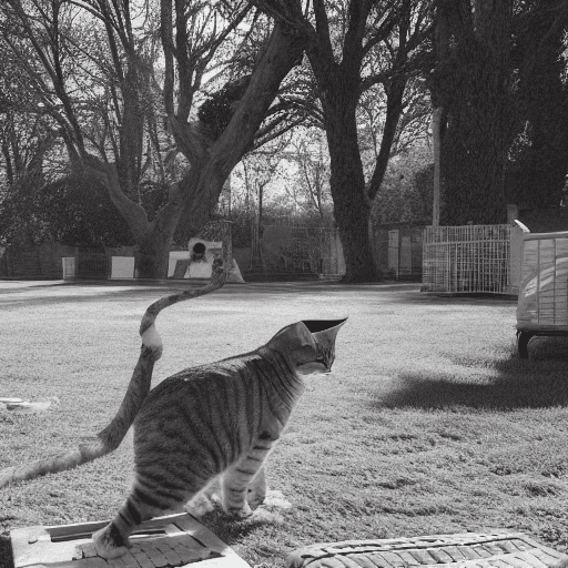 AI generated: Photo of a ultra realistic a beautiful tabby cat playing in the park with a scratching post of vario...