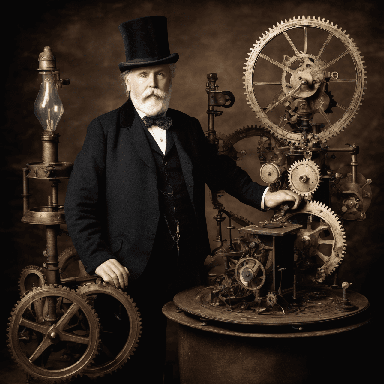 AI generated: A time-traveling Victorian inventor, aged 55, wearing a top hat and cravat, stands next to a whimsic...