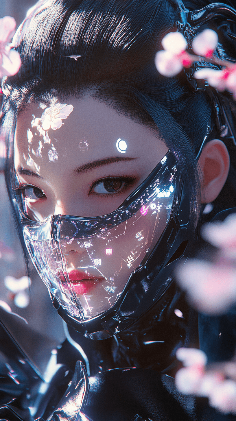 AI generated: 
3D rendering, face close-up, CG high model, Beautiful [cyberpunk warrior geisha] with glowing tatt...
