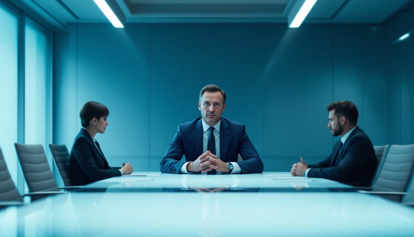 AI generated: A high-level corporate negotiation scene in a sleek, minimalist boardroom. A calm, composed executiv...