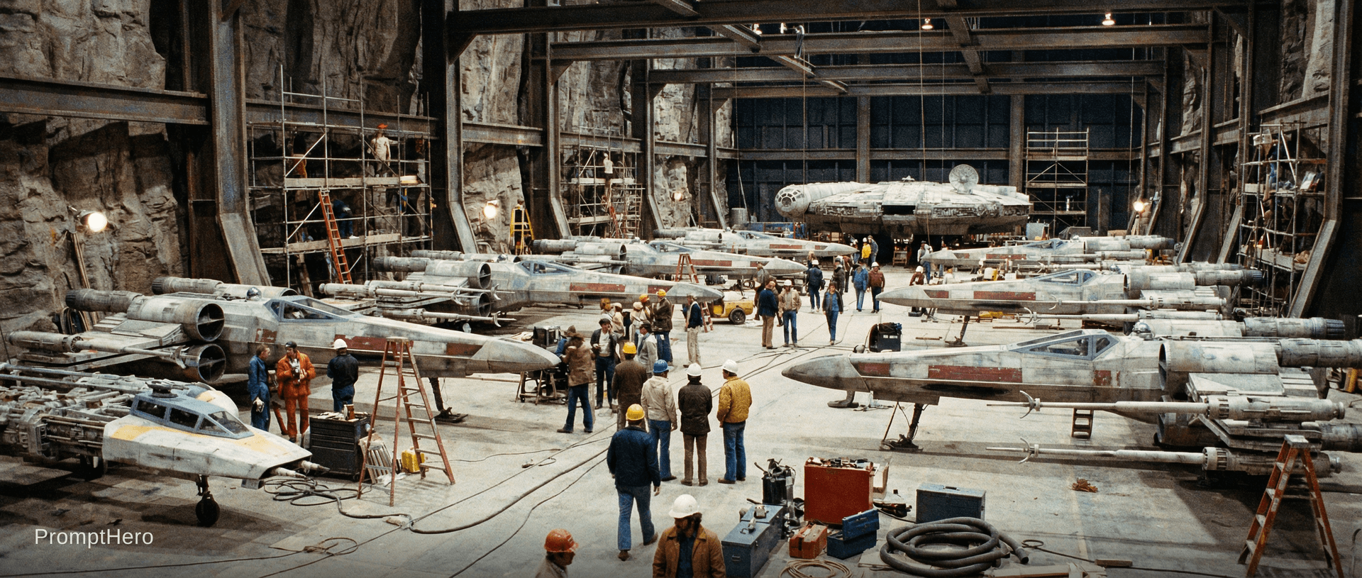 AI generated: Photorealistic behind-the-scenes photograph of a massive 1970s Star Wars movie set replicating a Reb...