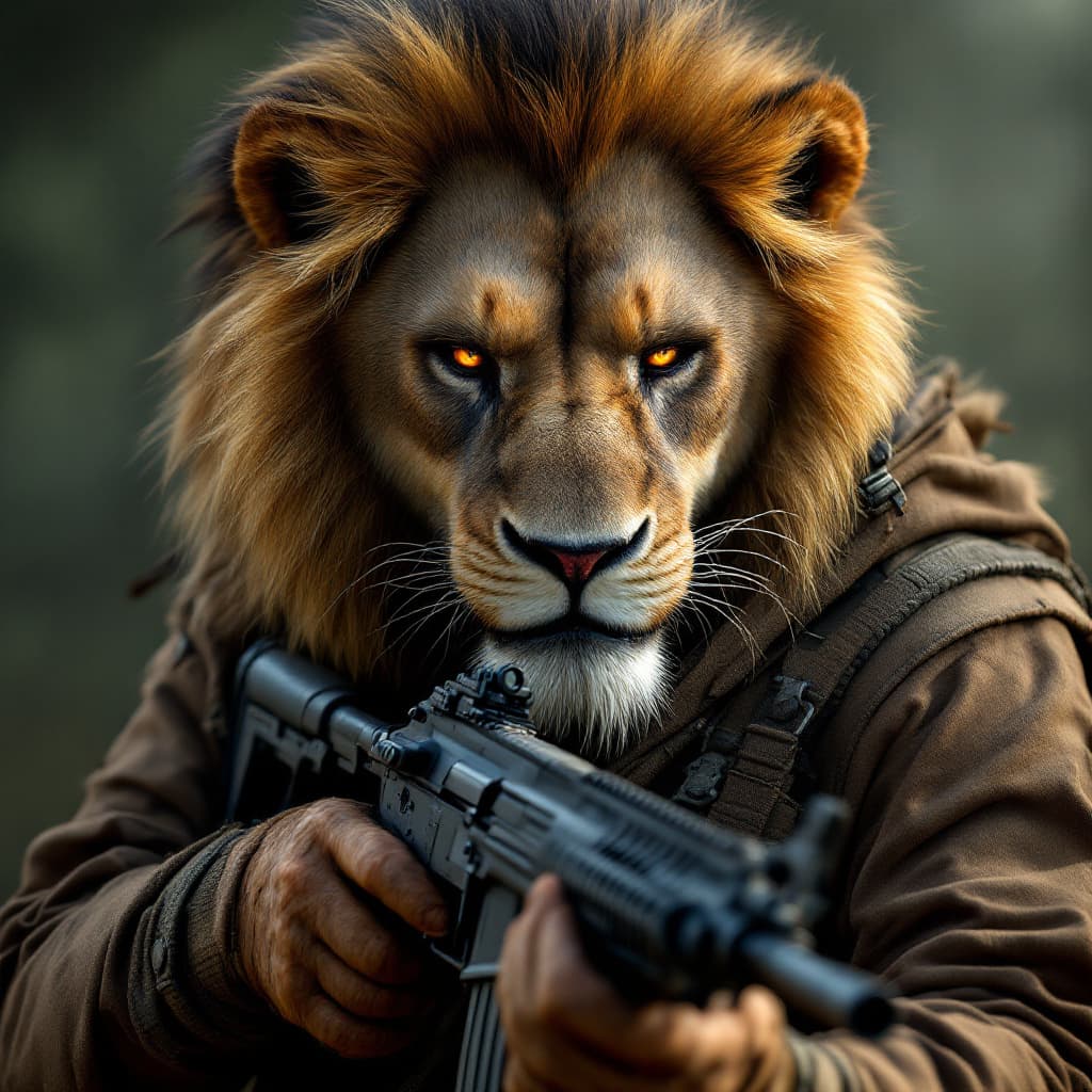 AI generated: A menacing lion terrorist wearing rag-tag attire, holding a customized rifle, anthropomorphic, super...