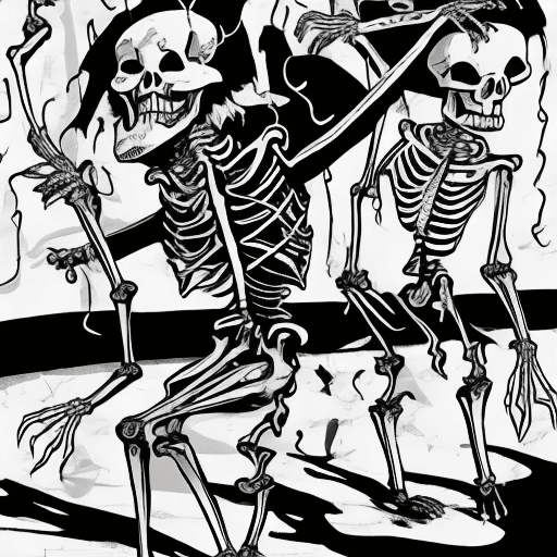 AI generated: skeleton limbo dancing with the devil, vector b&w, in the art style of Junaid Mortimer