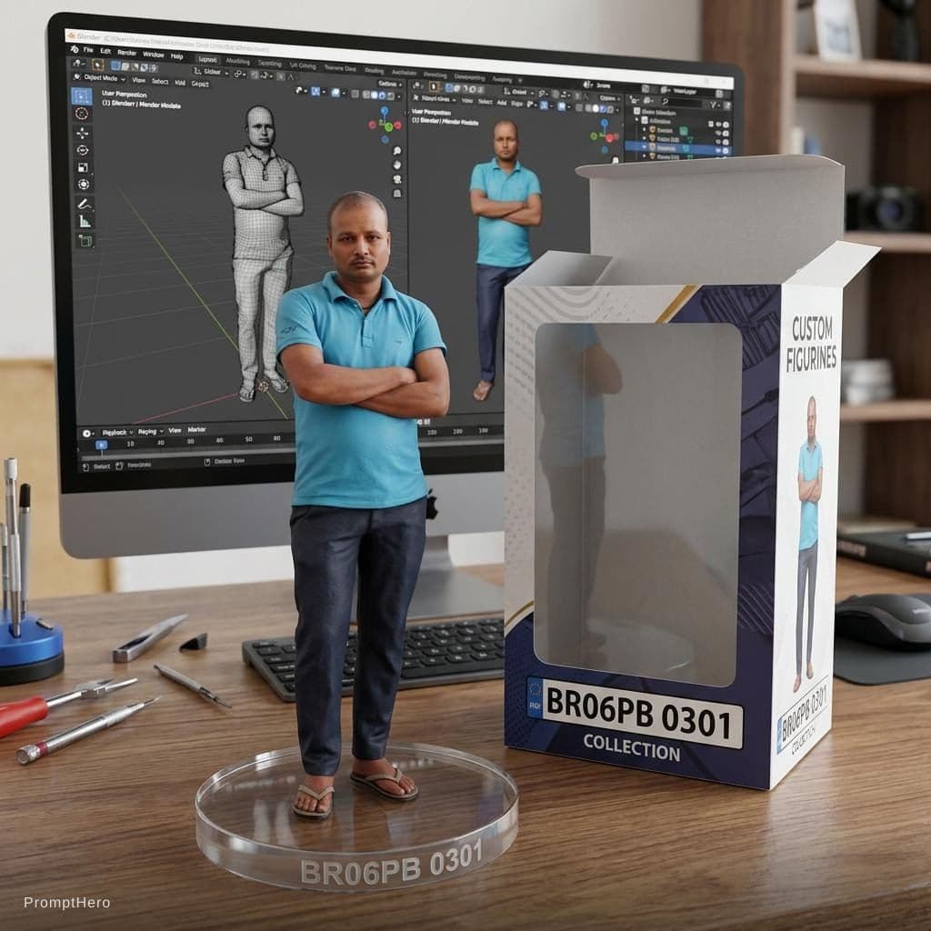 AI generated: Transforming the photographed person into a realistic 3D figurine in front of a computer desk. The c...
