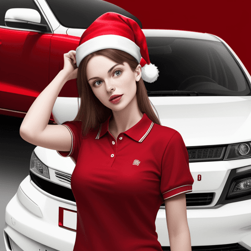 AI generated: woman with a Christmas hat and red polo shirt, on a white background and with a red car behind
