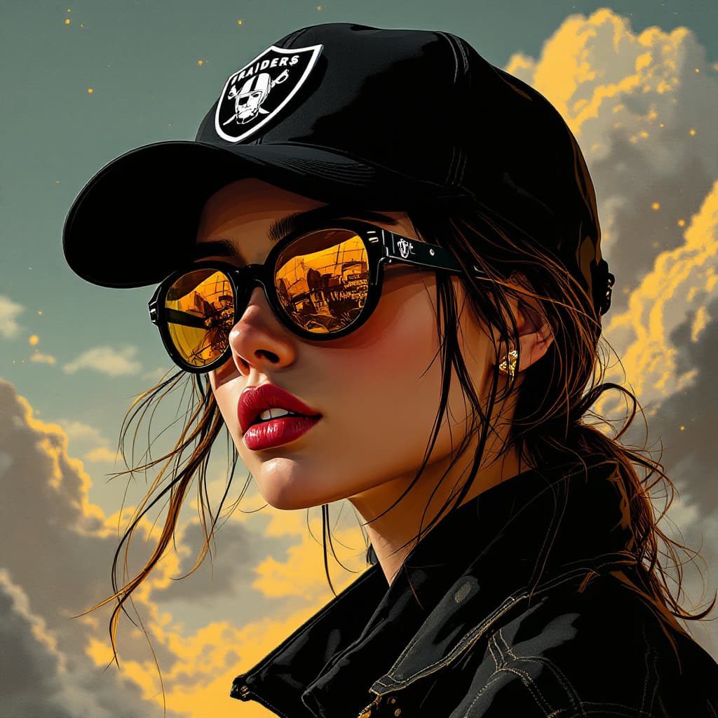 AI generated: a stunning girl wearing black caps and sunglasses, logo Raiders, in the style of otherworldly illust...