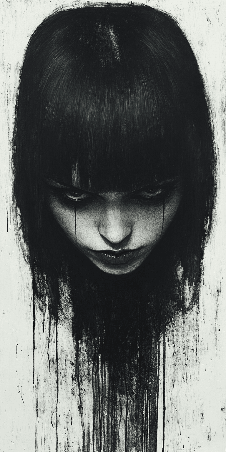 AI generated: an expressionist charcoal sketch by Odilon Redon, drawing, face only, a gorgeous Japanese woman, hin...