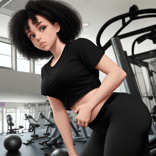 AI generated: a white girl im gym clothes, black shirt and black pantie, curly hair