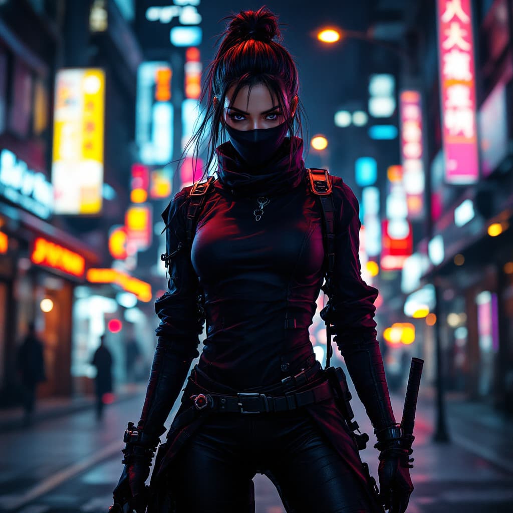 AI generated: photo of a female cyberpunk ninja, city streets at night with neon lights, cyberpunk style