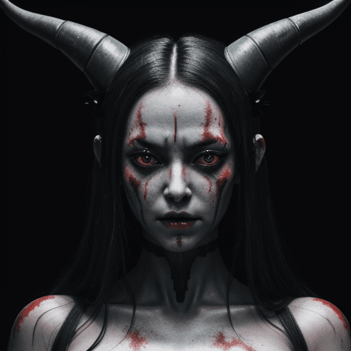 AI generated: Cybernetic demon woman with large team horns on her head and bits of black metal poking through her ...