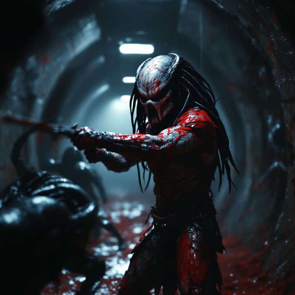 AI generated: A dark menacing hyper-realistic image of a predator from the movie predator, he is standing in a sew...