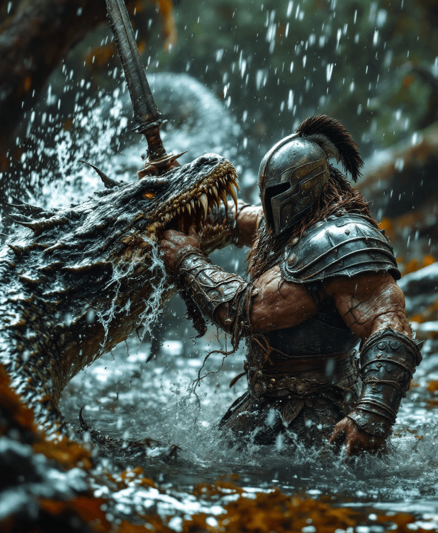 AI generated: hyper-realistic action photograph of a barbarian beheading a giant serpent in a swamp, the barbarian...