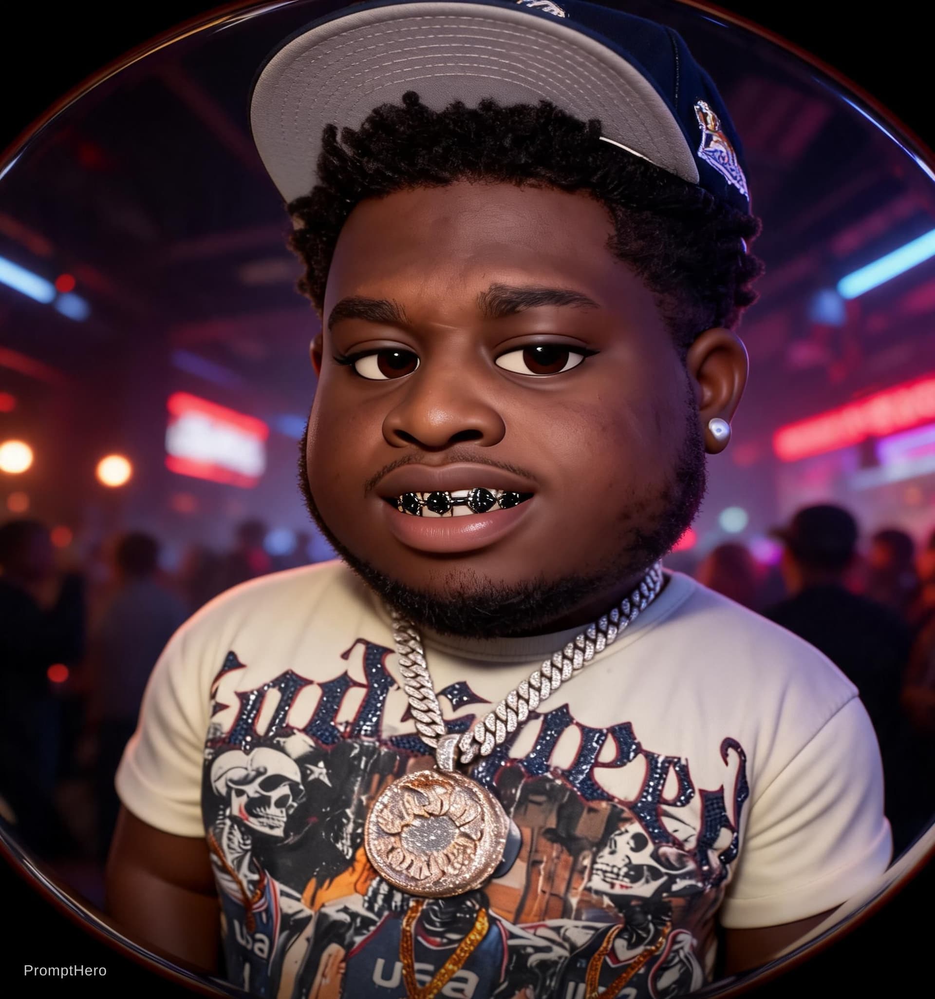 AI generated: Cash cobain cinematic fisheye close-up, smooth NYC rapper in a dark club, calm expression, subtle sm...
