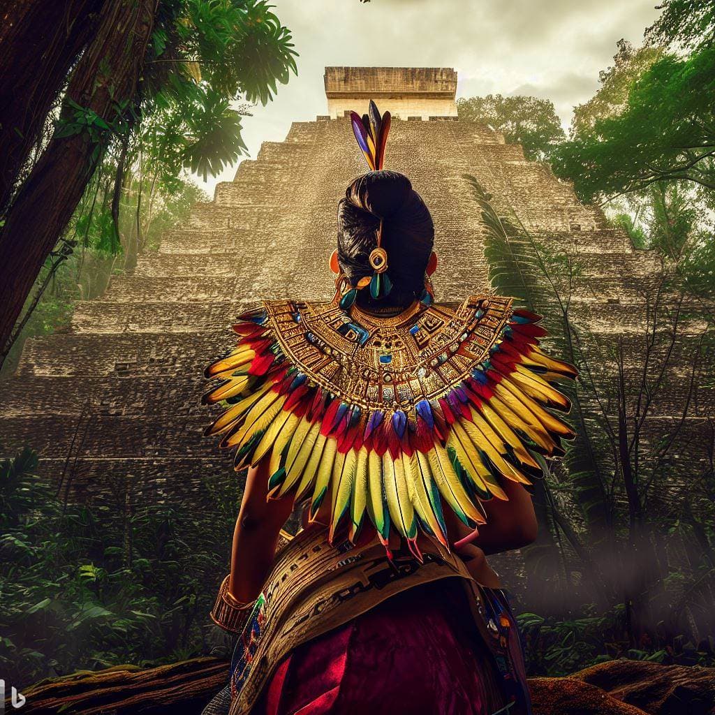 AI generated: wide-photography back view of mayan princess wearing penacho gold jewlery quetzal feather earings be...