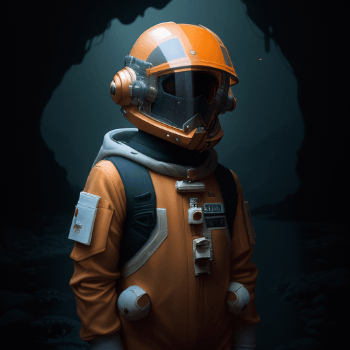 AI generated: classicnegative photo, a scary boy wearing an orange and white space suit hiding in a river in a dar...