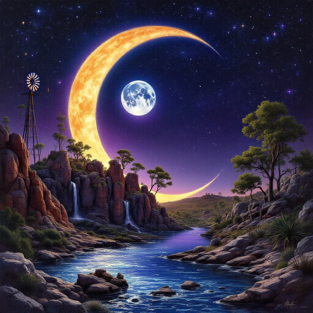 AI generated:  A crescent moon made from the Australian outback of rocky monoliths and gum trees  includes waterfa...