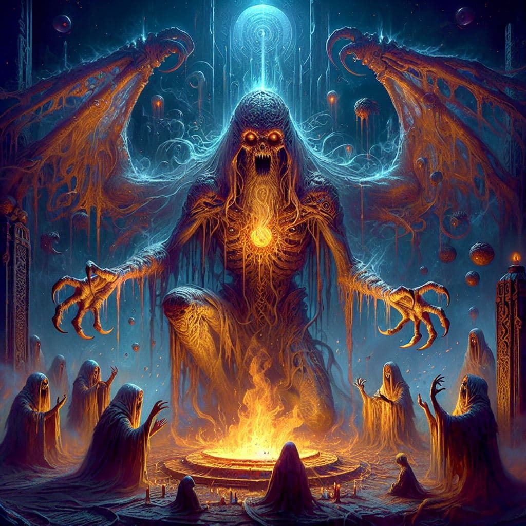 AI generated: an ancient creature is awakened through a ritual. by H.P. Lovecraft, Greg Rutkowski, Jean Ansell and...