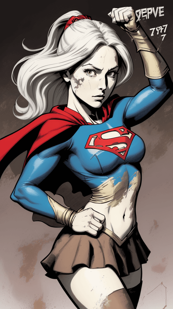 AI generated: a drawing of a supergirl, in the style of adventure pulp, dark white and bronze, mottled, yup'ik art...