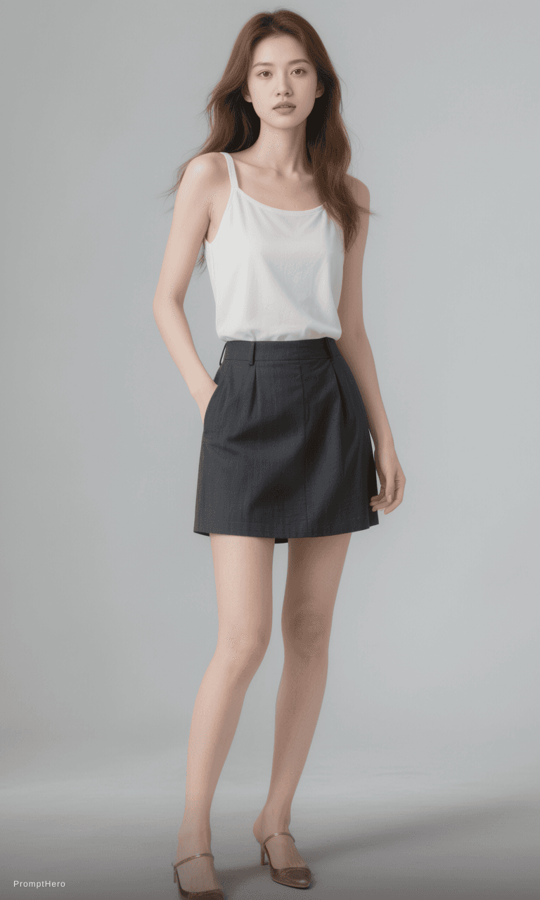 AI generated: Referance 1 full body of this woman, and she is wearing the reference 2 clothes