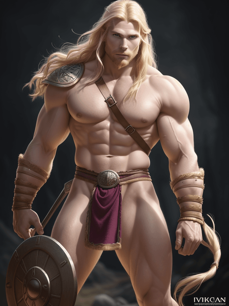 AI generated: Viking Warrior, caucasian complexion, big muscles and big thighs, blond hair, in his thirties, He we...