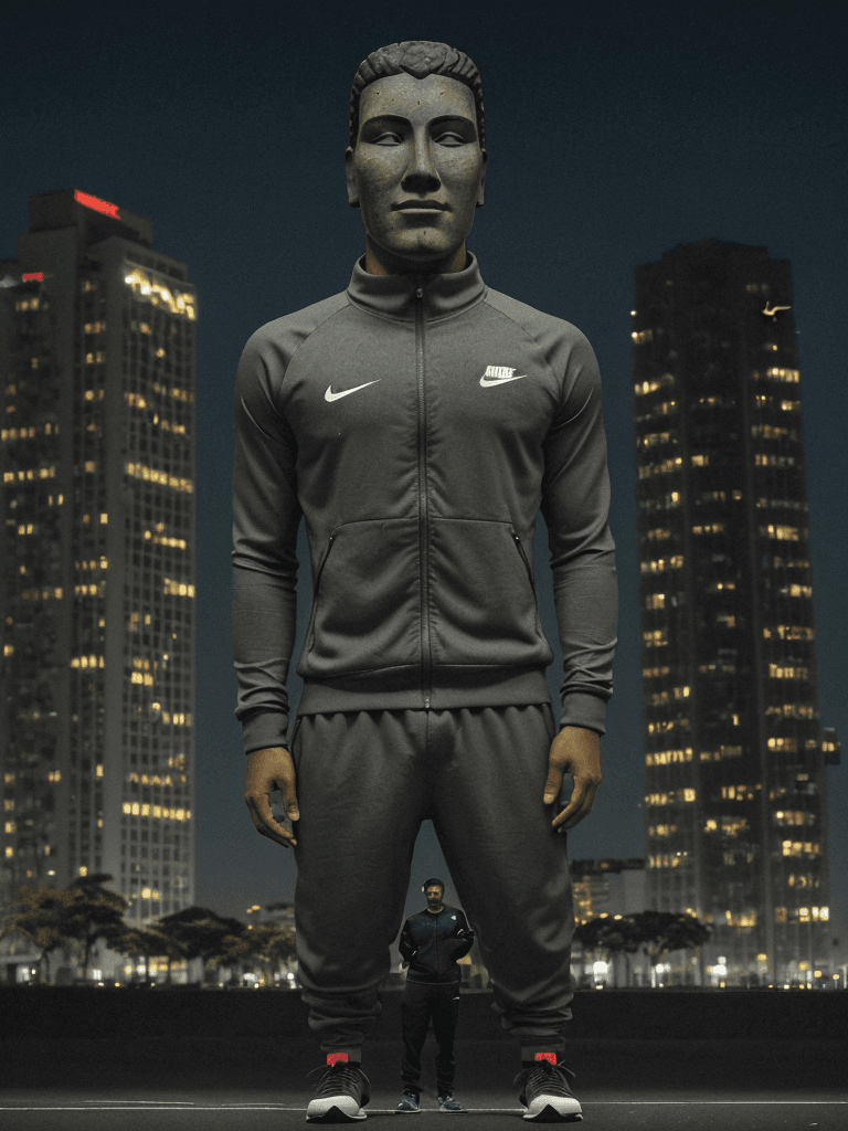 AI generated: young man moai head using nike tracksuit, night time, big full moon in the background above the buil...