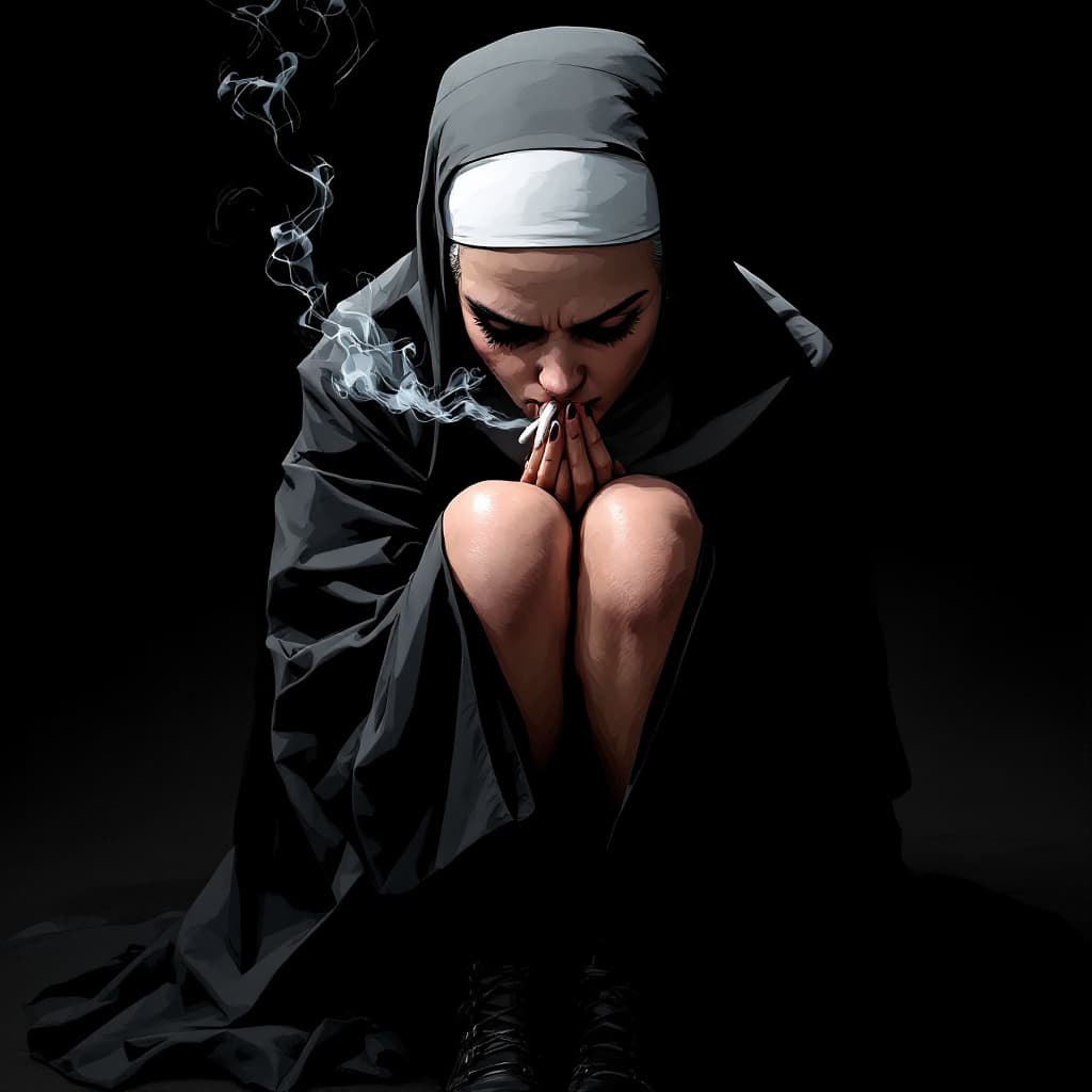 AI generated: Comic book cover illustration, full body shot of a white-haired nun, smoking, knees up, apathetic on...