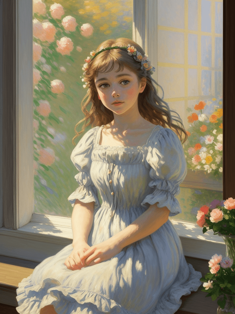 AI generated: oil painting of a beautiful girl in a summer dress sitting by a window holding flowers, in the style...