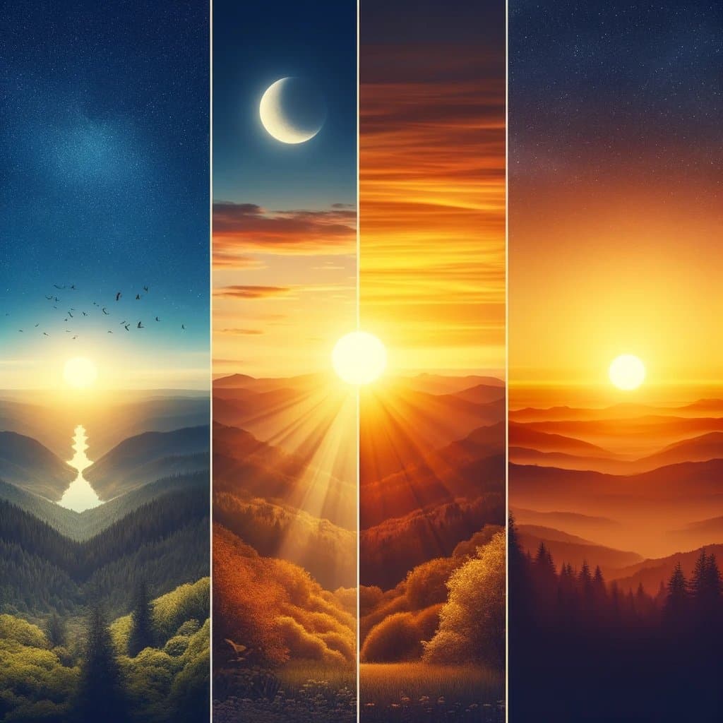 AI generated: Photo collage showing a landscape transitioning from dawn to dusk. The left side starts with a seren...