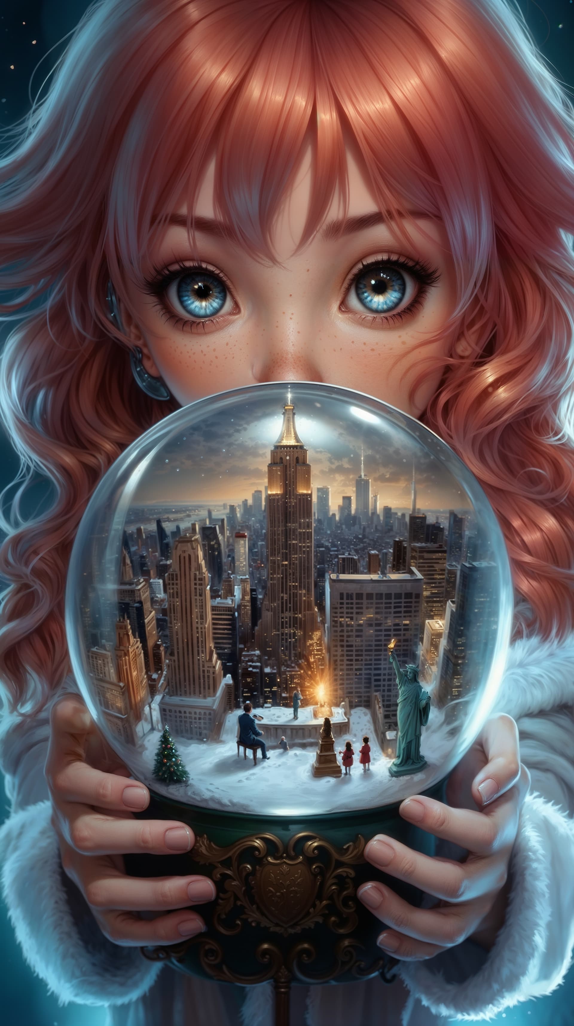 AI generated: A captivating and vibrant conceptual art piece featuring a girl with fiery red hair. She is holding ...