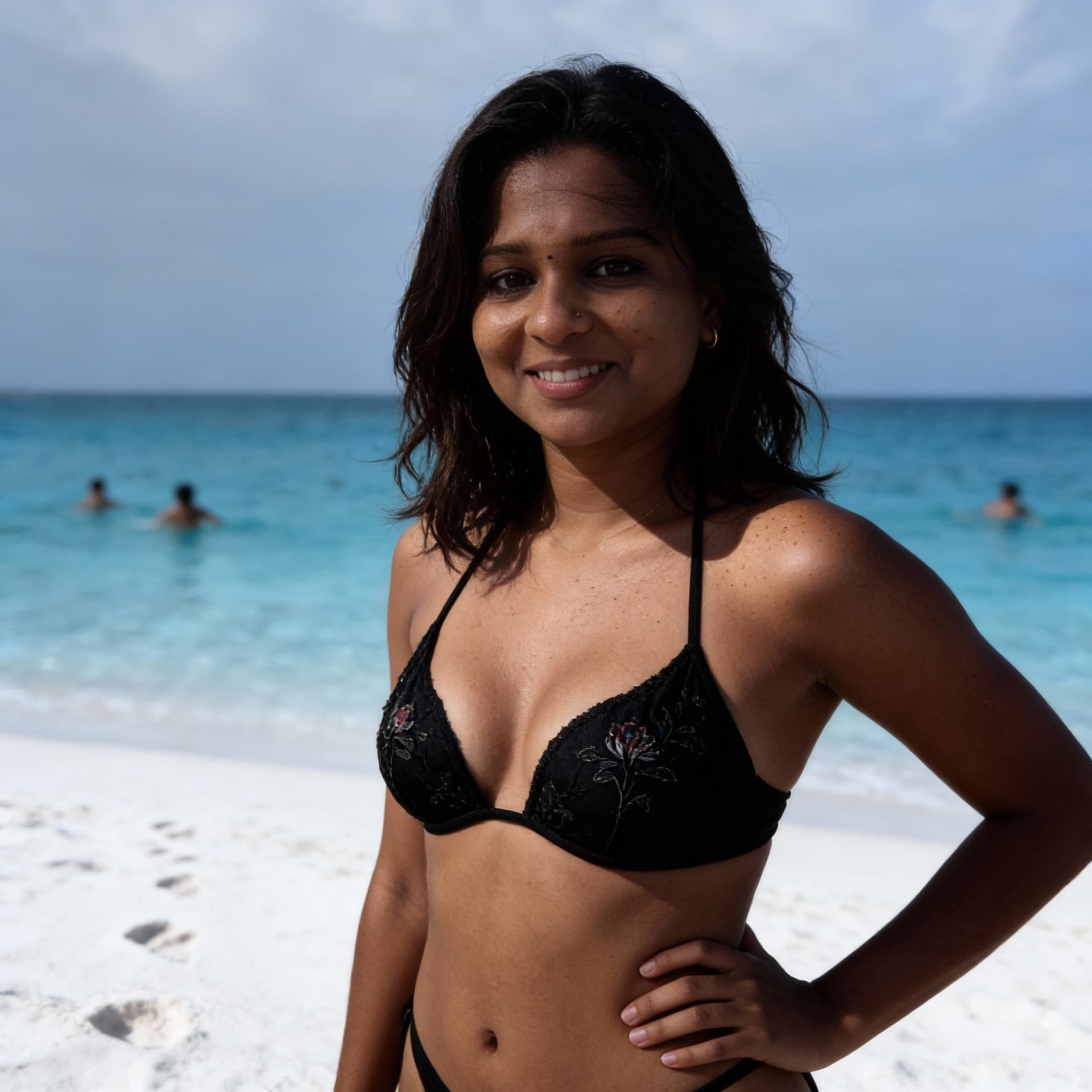 AI generated: cinematic image with dark shadows and high contrast,

A fit 30yo woman standing confidently on a san...