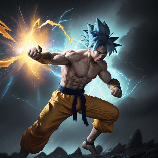 AI generated: "painterly style, Goku fighting at war, raging, blue hair, character design, body is adorned with gl...