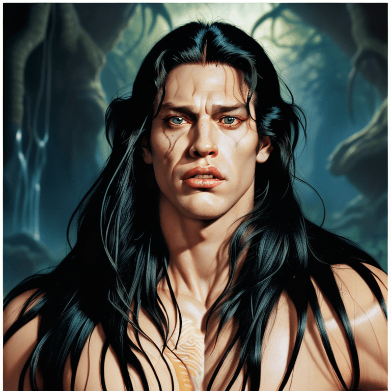 AI generated: wild tarzan alien humanoid hybrid beast with long crazy spiky messy hair, detailed clear portrait, p...