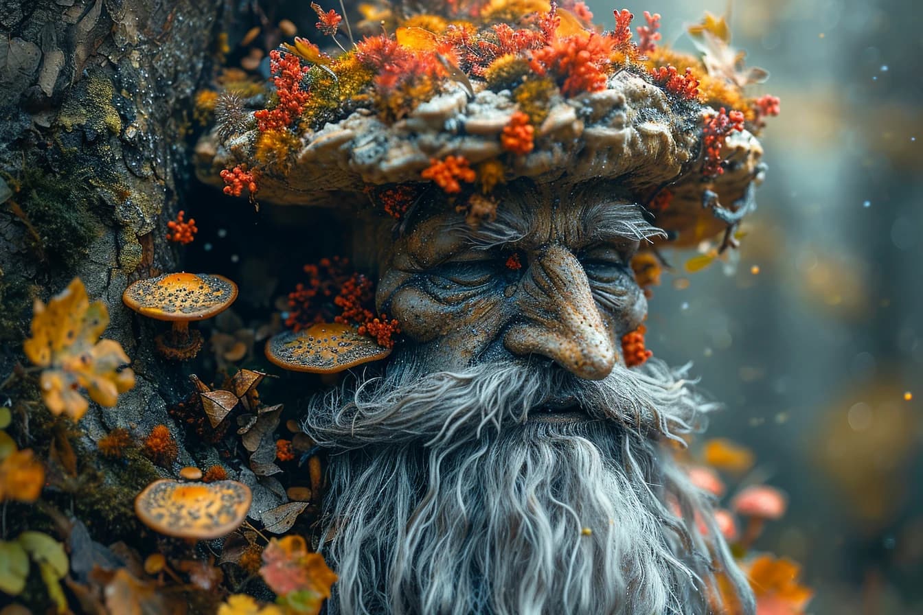 AI generated: An old man with a beard and a crown of mushrooms and autumn leaves sits next to a tree.
